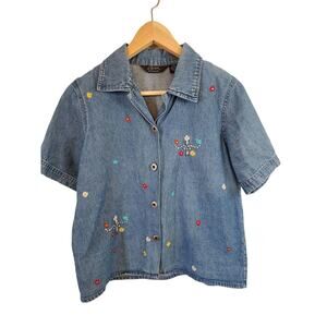 AGAPO Vintage Denim Short Sleeve Shirt with Embroidery Flowers Size Petite M
